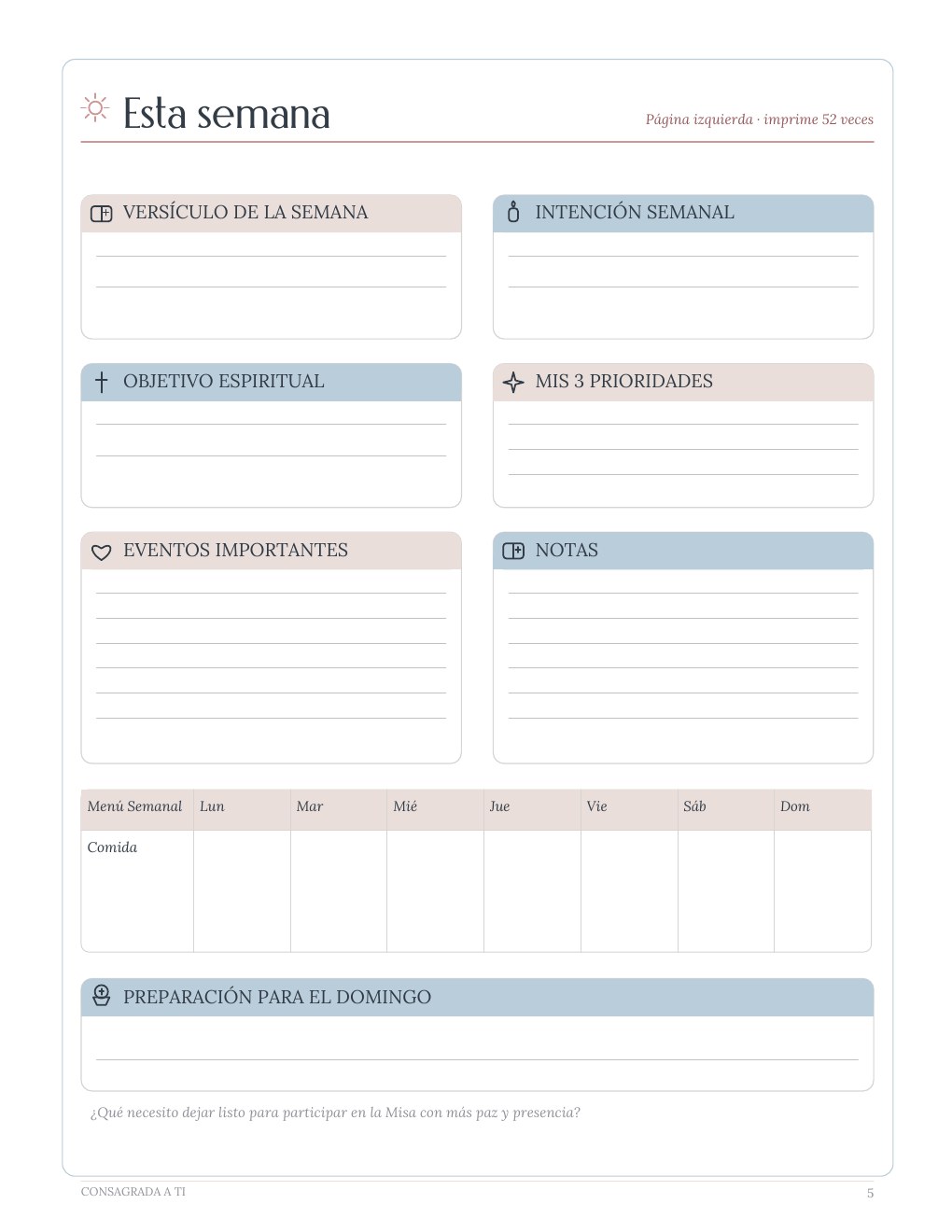 Página Esta semana del planner Mi Semana y Mis Hábitos