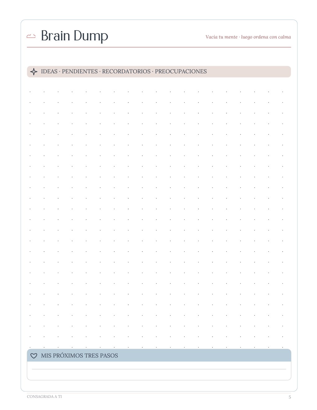 Página Brain Dump del planner Mis Días con Propósito