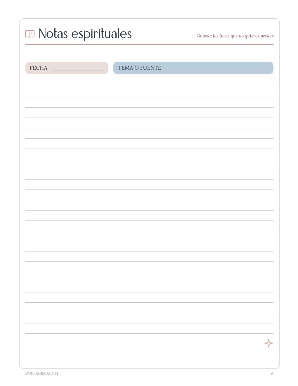 Página Notas espirituales del planner Mis Días con Propósito